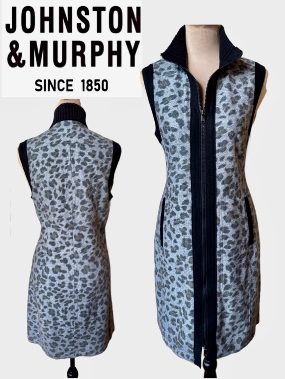 Johnston & Murphy Wool Blend Full-Zip Dress Pockets Leopard Print Gray Black (S)
